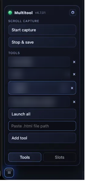 The blue universal panel: Scroll Capture, a local-tools launcher, and copy/paste slots