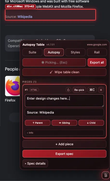 The red Site Autopsy dock documenting a page into a companion spec